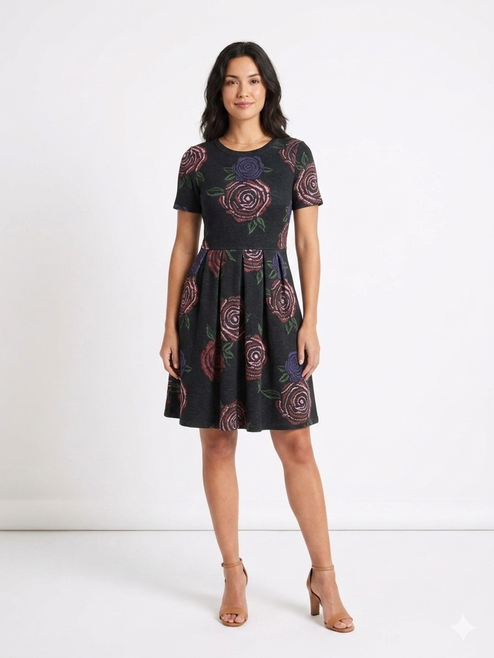 Floral Fit-and-Flare Short Sleeve Dress in Black with Rose Print